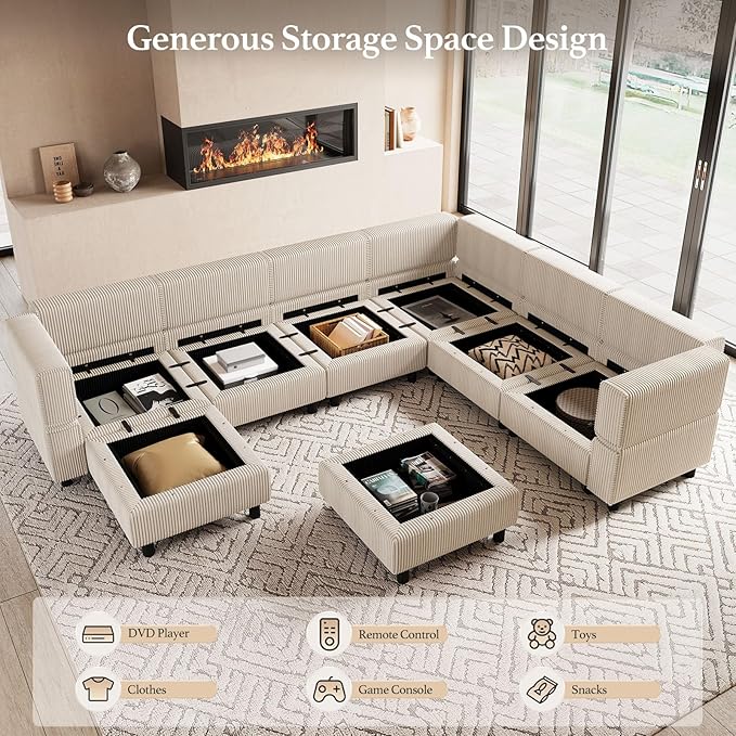 Modular Sectional Sofa U Shaped Couch with Storage Ottoman Corduroy Sectional Couch for Living Room, Beige
