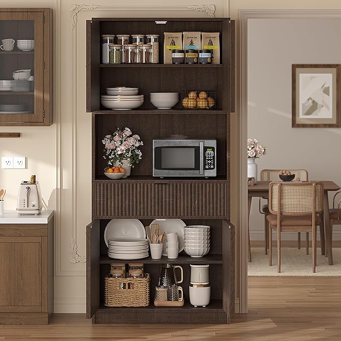 IDEALHOUSE Tall Storage Cabinet, 70" Kitchen Pantry Cabinet with Doors, Fluted Kitchen Hutch Cupboard with Microwave Shelf & Drawer, Freestanding Cupboard for Dining Room, Living Room, Brownish Red