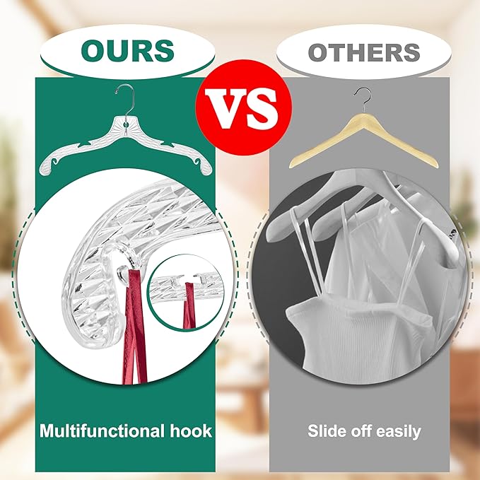 Quality Hangers 12 Pack Crystal Clear Plastic Hangers with Easy Swivel 360 Degree Hook Slim Crystal Coat Hangers 17 Inches (12, 17")