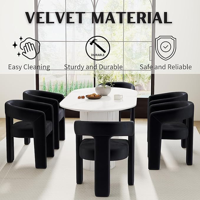 Modern Barrel Dining Chairs Set of 8, Velvet Upholstered Accent Side Chair with Arms Comfy Makeup Vanity Chairs, Dining Living Room Kitchen Chairs, Black