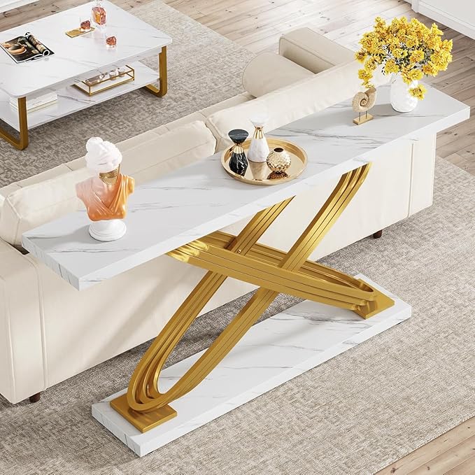 Tribesigns 55 Inch Modern Console Table, Gold Entryway Table Behind Sofa Couch, Narrow Rectangular Sofa Table for Living Room, Bedroom, Front Hall, Hallway, Gold & White