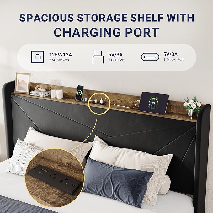 Allewie King Size Velvet Bed Frame with 3 Storage Drawers, Upholstered Platform Bed with Wingback Storage Headboard and USB Ports, No Box Spring Needed, Easy Assembly, Black