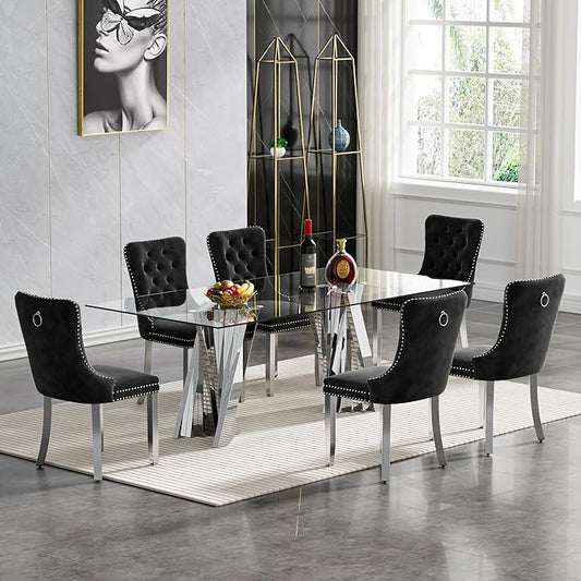 Goujxcy Modern 7 Piece Glass Dining Table Set Luxury Glass Kitchen Table and Chair Set for 6, 70" Large Rectangular Dining Room Table with 6 Tufted Chairs and Stainless Steel Legs (Silver & Black)