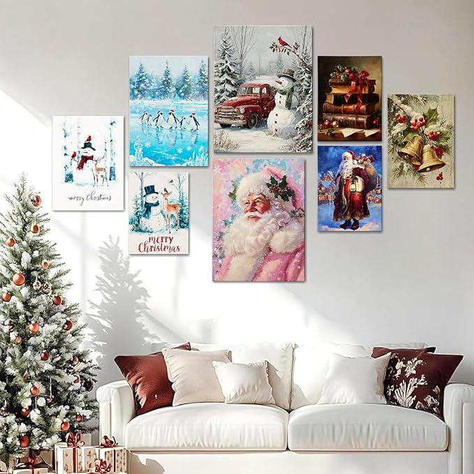 Christmas Snowman & Red Truck Canvas Wall Art - Rustic Winter Scene Framed Picture for Modern Farmhouse Home, Festive Christmas Wall Decor, Perfect Christmas Gifts & Holiday Decorations