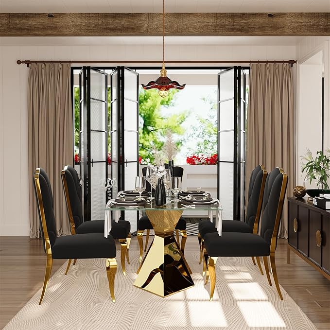 63in Gold Dining Table, Rectangular Glass Dining Table for 4-6 with Waved Legs in Polished Gold Chrome Finish, for Luxury Kitchen, Dining Room, Living Room,Apartment