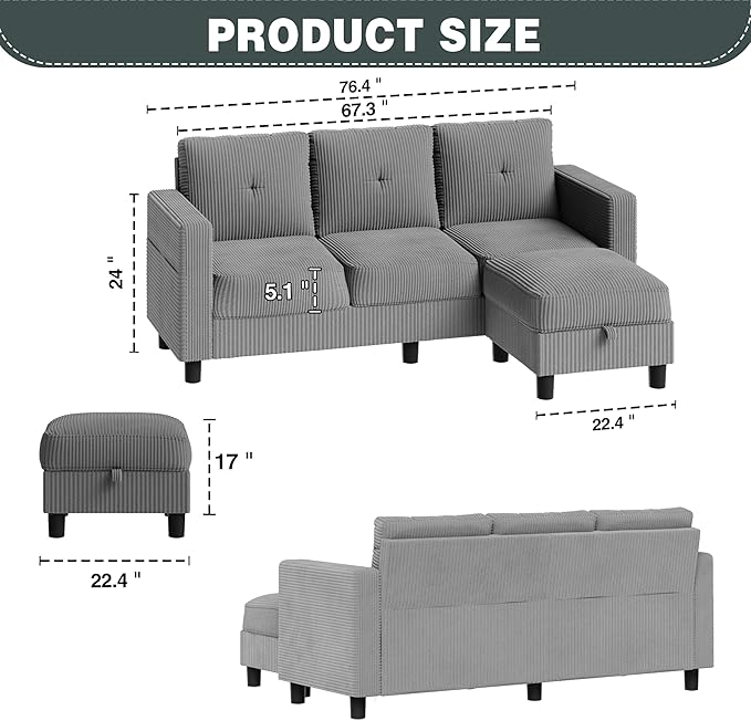 SUNLEI Convertible Sectional Sofa for Small Spaces, L Shaped Modular Sofa with Reversible Chaise & Ottoman Storage, 3 Seat Modern Small Couches for Living Room in Apartment, Linen Fabric, Light Grey