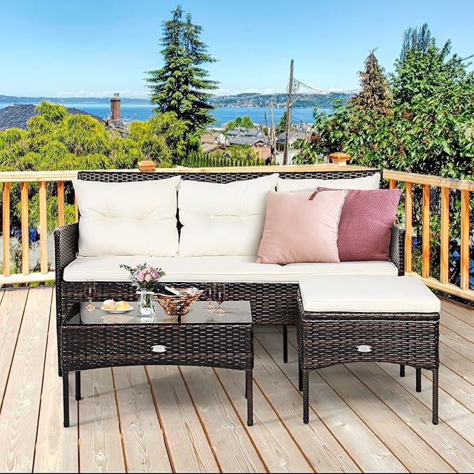 Tangkula 3 Pieces Patio Conversation Set, Outdoor PE Rattan Wicker Furniture Set W/Cozy Cushions, All Weather Sectional Sofa Set W/Tempered Glass Coffee Table for Poolside, Backyard, Garden