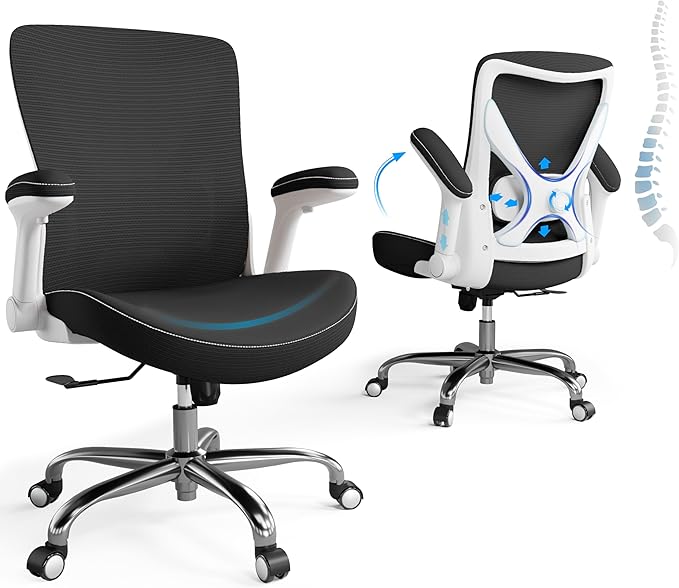 Office Home Ergonomic Desk Chair-Computer X-Shaped Chair Mesh PU Leather with Adjustable Lumbar Support-Executive Chair High Back Flip-Up Arms for Long Hours (Light Black-No Headrest)