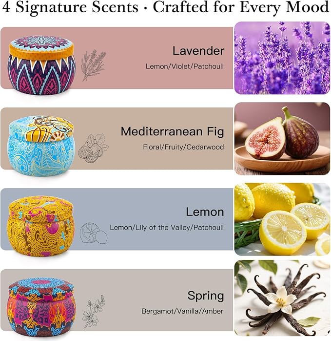 Holiday Candle Gift Set, 4 Pack Long Lasting Classic Bohemian Scented Soy Wax Candles with Fig, Lemon, Spring & Lavender Scents, Aromatherapy Candles for Home, Christmas Gifts for Everyone