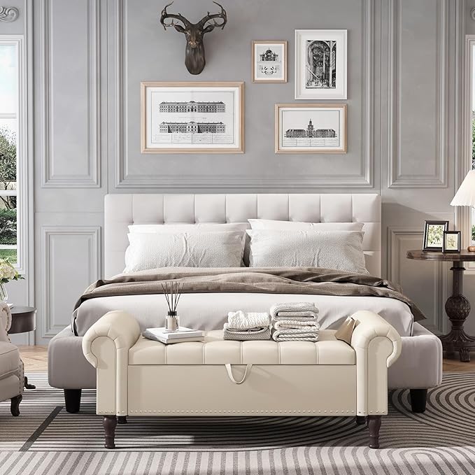Apicizon 51” Bench with Storage, Faux Leather Ottoman Bench with Rolled Arm & Vintage Rivets, End of Bed Bench for Bedroom, Living Room, Entryway, Beige+Brown Legs