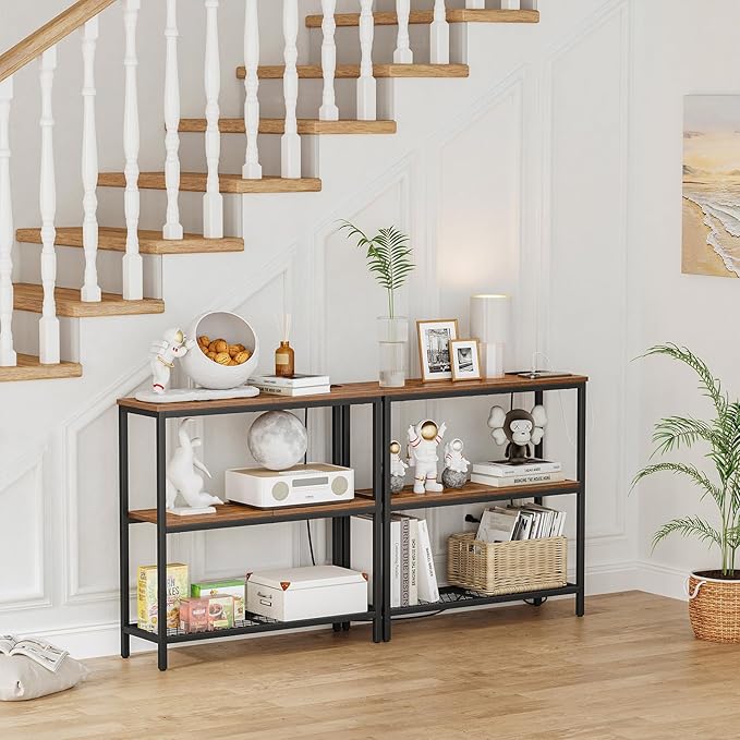 Snughome Console Table with Power Outlets, Entryway Table with Storage, Narrow Sofa Table with 3 Tier Shelves, 2 USB Ports, 2 Power Outlets, Hallway Table for Couch, Living Room, Entrance