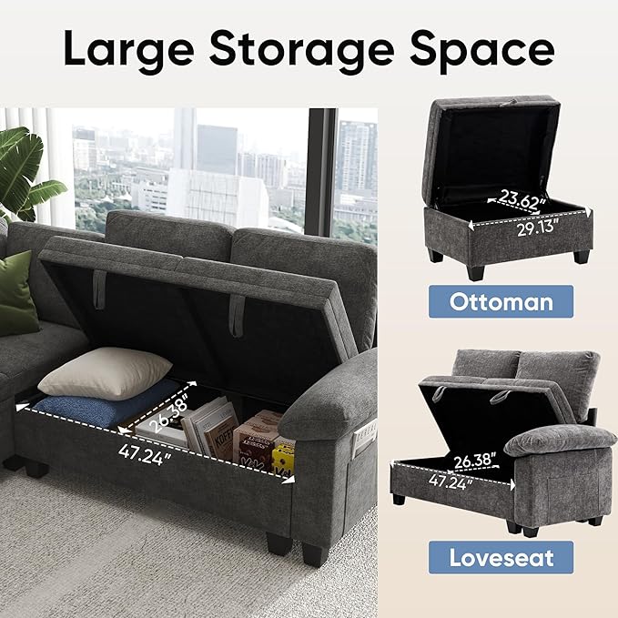 100" Modular Sectional Sleeper Sofa with Pull Out Bed,U Shaped 7 Seat Sectional Sofa with Storage,Modular Couch for Living Room,Deep Seat Couch with Removable Sofa Cover,Gray