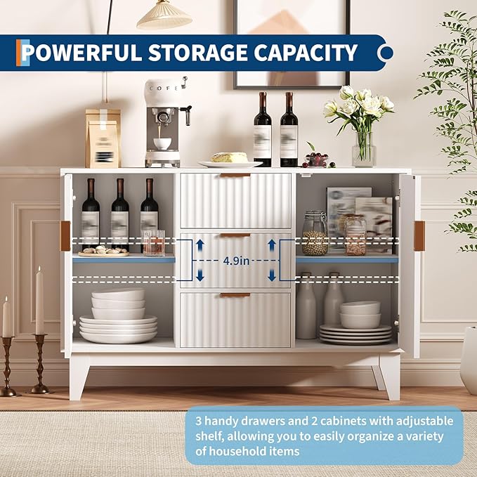 GarveeHome Fluted Buffet Storage Cabinet, 47.2 in Large Coffee Bar Kitchen Sideboard Cupboard with 3 Drawers 2 Doors for Living Room Entryway, White