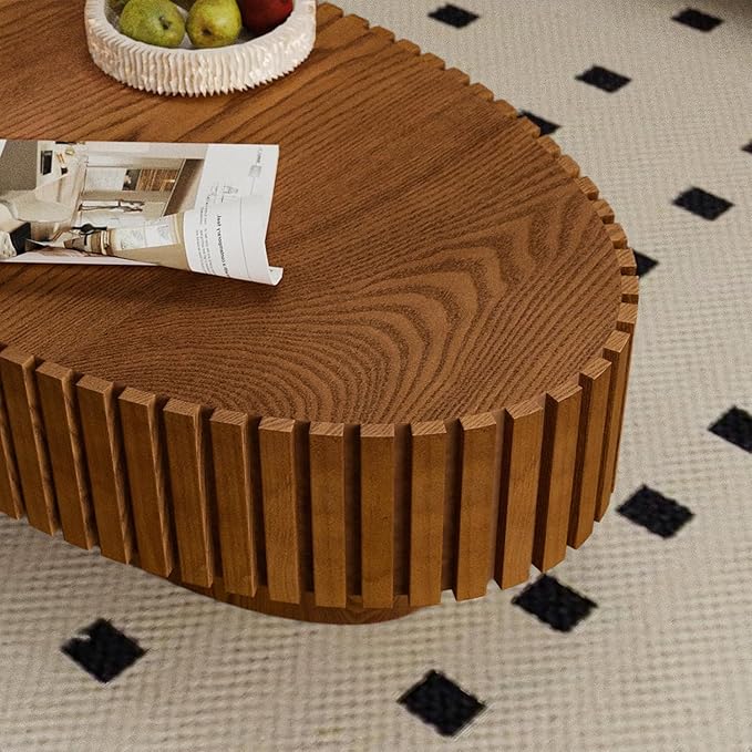 Oval Coffee Tables for Living Room 43.3" Olive-Shaped Fluted Coffee Table with Sturdy Pedestal Modern Wood Drum Coffee Table Contemporary Center Table for Farmhouse Apartment (Oval Wood)