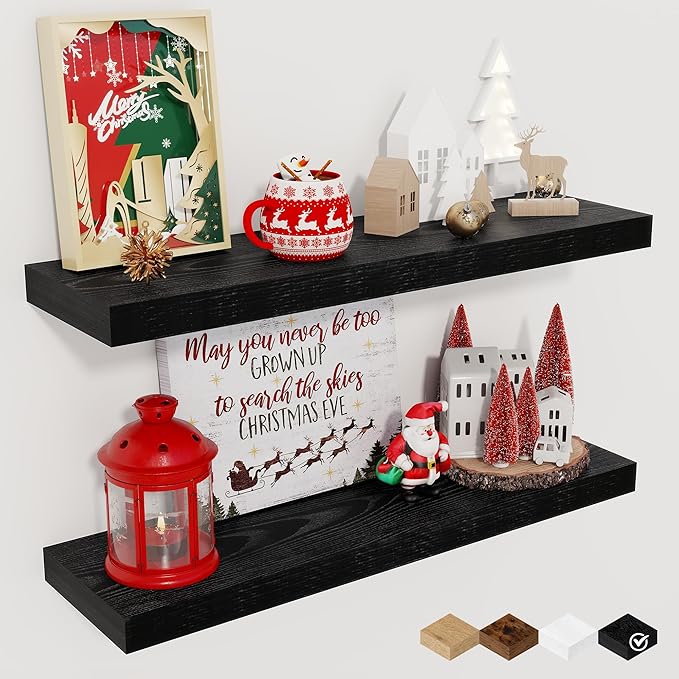 Fun Memories Floating Shelves for Wall, 24" Rustic Wood Deep Wall Mounted Shelves with Invisible Brackets for Decor & Storage, Floating Shelf for Living Room, Bathroom (Black, Set of 2)