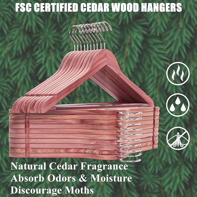 Amber Home 16 Pack American Red Cedar Hangers, Smooth Finish Wood Coat Hangers with Swivel Hook & Notches for Suit, Shirt, Dress, Jacket, Pants