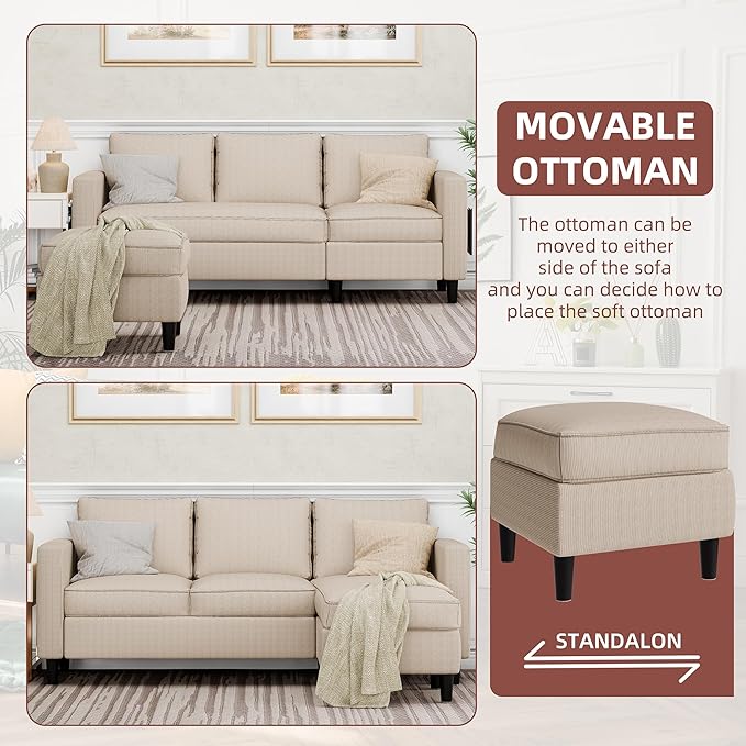 Nuturelly Convertible Sectional Sofa Couch with Movable Ottoman, 3-Seater Modern L-Shaped Sofa for Small Spaces, Soft Fabric Couch for Living Room, Small Apartment & Office(Khaki)