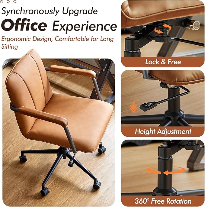 Home Office Desk Chair, Ergonomic Minimalist Faux Leather Swivel Chair with Oak Wood Armrests, Comfortable Task Chair for Computer or Study Room, 2 Pack, Camel Brown