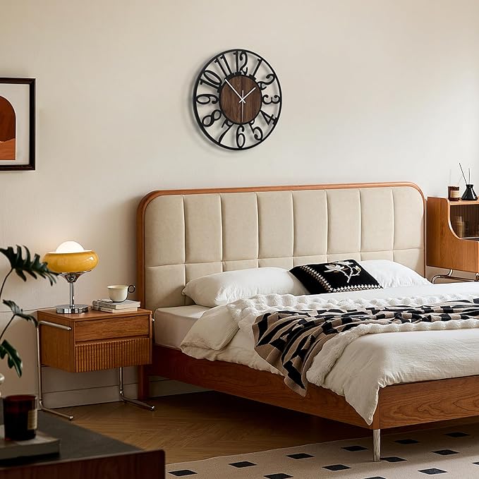 Maxstar Wall Clock Battery Operated,Silent Non-Ticking Modern Rustic Metal Round Clocks Small for Living Room/Bedroom/Office/Kitchen/Farmhouse Home Decor-16 Inch(Brown-Wood)