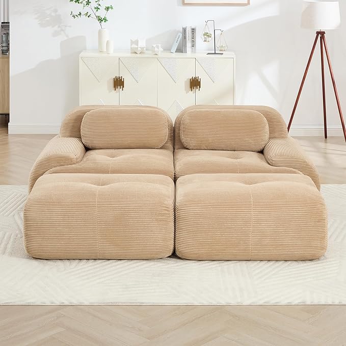 80" Modern Compressed Boneless Love Seat Couches with 2 Ottomans, 2 Seater Large Sectional Couches for Living Room, Camel Corduroy Cloud Modular Sectional Sofa, Memory Foam, Deep Loveseat, No Assembly