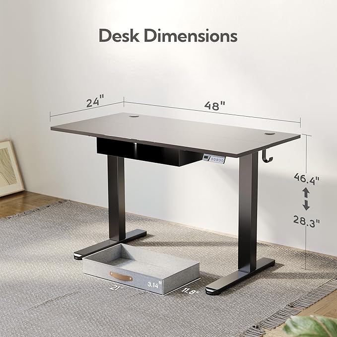 Seang Standing Desk with Drawer, 48" x 24" Height Adjustable Stand Up Desk, 3 Memory Height Settings with Cable Grommets & Storage Hooks, Ideal for Home & Office, Black