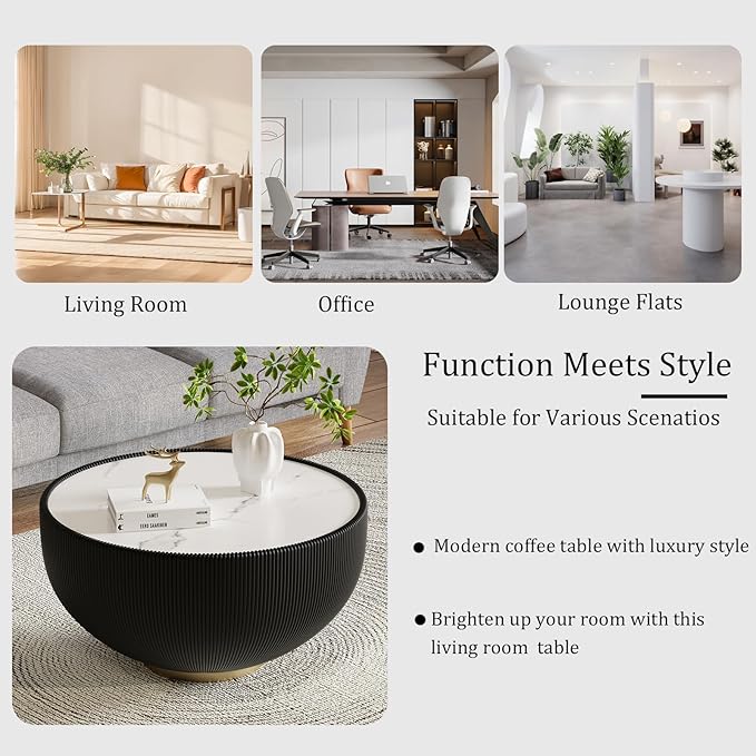 Black Round Coffee Table with Sintered Stone Tabletop, 27.56" Drum Coffee Table with Fluted PU Leather Covered and Metal Base, Circle Cocktail Tea Table for Living Room