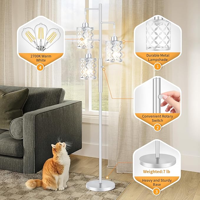 68" Dimmable Floor Lamp, Modern Standing Lamp with Elegant Metal Cages, Industrial Tall Tree Floor Lamps for Living Room, Bedroom, Study Room, Office (2000LM LED Bulbs Included) - Silver