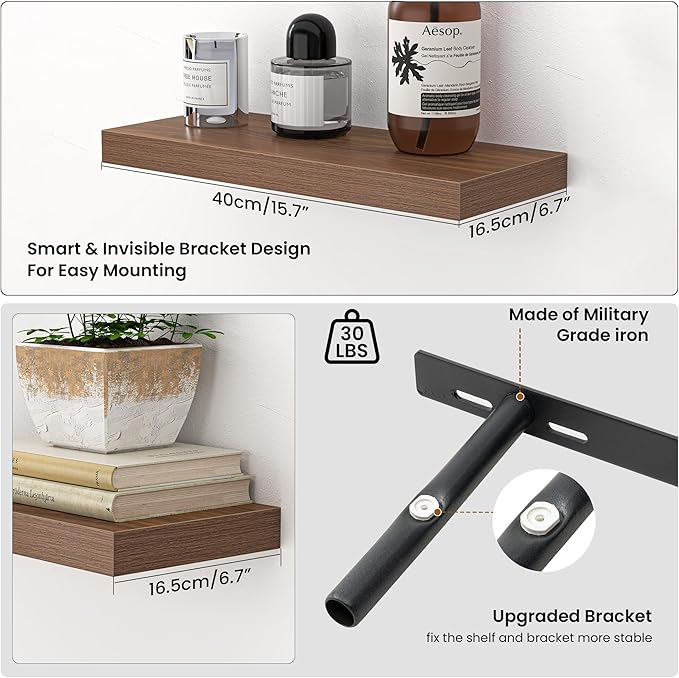 Heimlove Floating Shelves for Wall,16 inchs Shelf for Small Bathroom,Mounted Storage & Display Shelves for Bedroom,Living Room,Kitchen,Office,Set of 2,Walnut Color