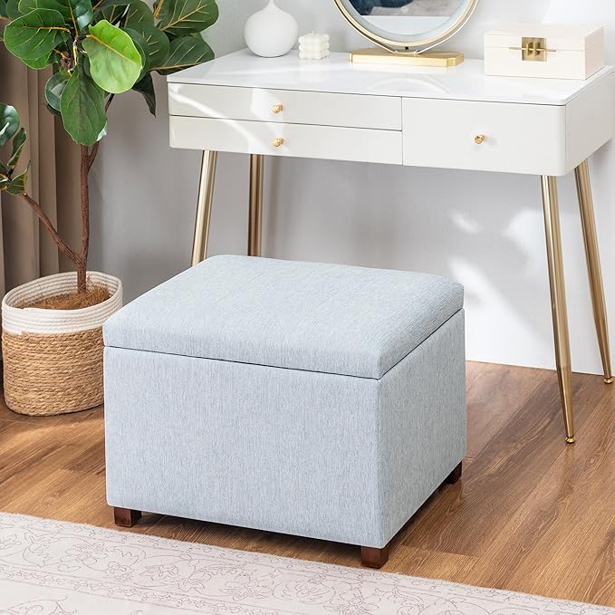 Joveco 24" Linen Storage Ottoman Bench, Rectangle Foot Rest Stool for Living Room, Bedroom, Entryway, Linen Llight Bue