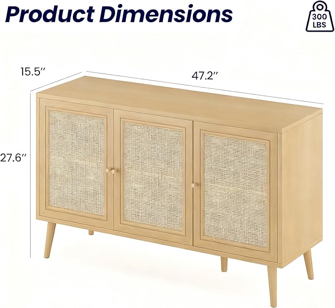 47" Rattan-Door Sideboard Cabinet with Shelf, 3-Door TV Stand Credenza Buffet with Generous Storage, Modern Accent Cabinet for Living Room & Kitchen, Natural Oak