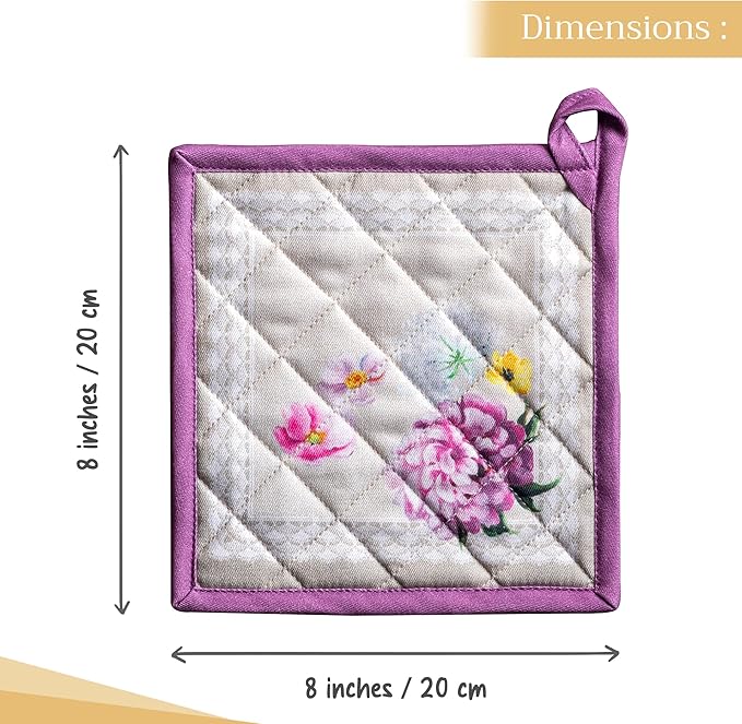 Maison d' Hermine Pot Holders Set 100% Cotton Heat Resistant Potholders 8" x 8" Hot Pads with Loop BBQ, Cooking, Baking, Grilling, Kitchen, Handling Hot Pans Spring/Summer (Pack of 2, Pivoine)