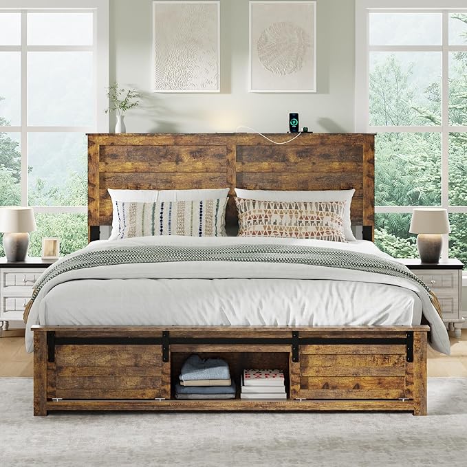Queen Size Bed Frame with Wood Headboard, Wooden Platform Bedframe with Sliding Barn Door Footboard and Charging Station Easy Assembly, No Box Spring Needed (Brown, Queen)