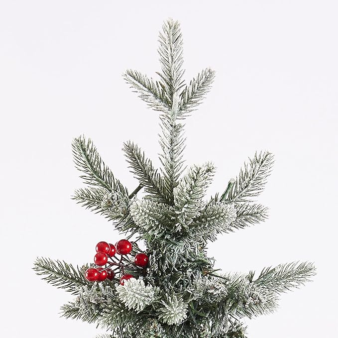Small 3.5 FT Pre-Lit Christmas Tree with Ligths Snow Flocked Tabletop Christmas Tree with Vintage Snowflake Base for Home Office Xmas Decor, Battery Operated and Timer Function