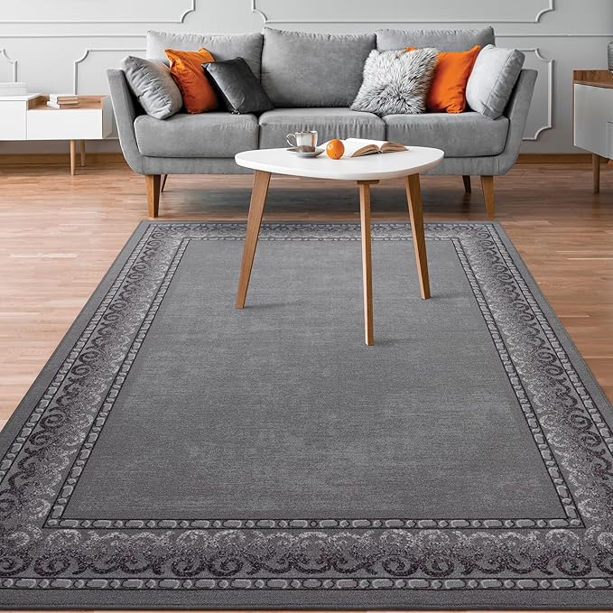 Antep Rugs Alfombras Bordered Modern 5x7 Non-Slip (Non-Skid) Low Pile Rubber Backing Indoor Area Rug (Gray, 5' x 7')
