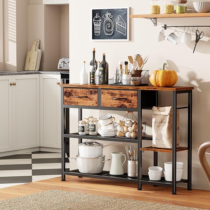 Furnulem 44'' Entryway Table, Industrial Console Sofa Table with Metal Mesh Storage Shelves, Shoe Rack Display Shelf for Front Door, Couch, Kitchen, Fabric Drawers, Rustic Brown