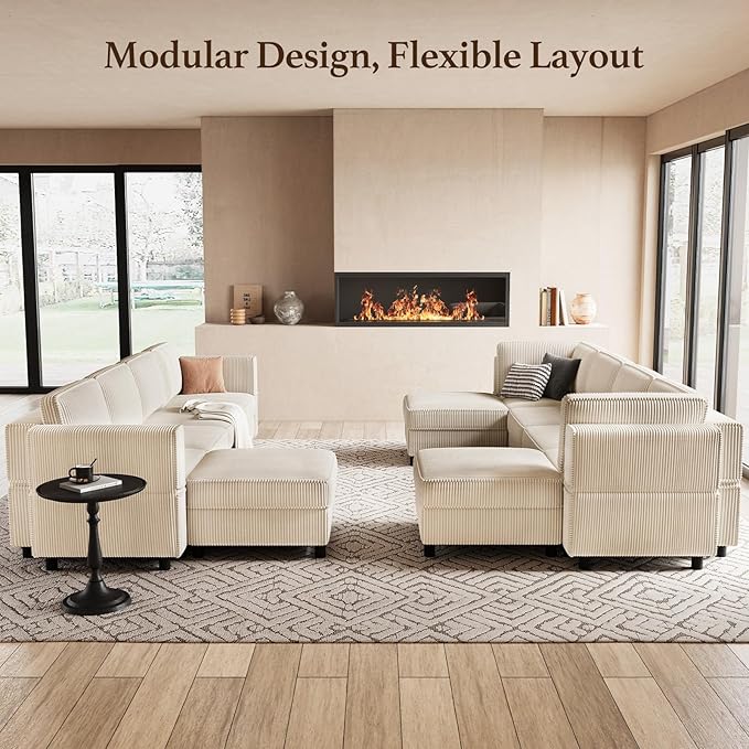 114.2" U Shaped Sectional Sofa,6 Seat Corduroy Couch,Comfy Modular Sectional Sofa with Storage Movable Ottoman Chaise,Upholstered Sectional Couches for Living Room,Beige