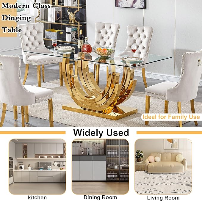 Goujxcy 70" Modern Glass Dining Table for 6-8, Luxury Gold Glass Dining Room Table with Mirrored Ring-Shape Stainless Steel Base, Rectangle Kitchen Dinner Tables for Dining Room Kitchen