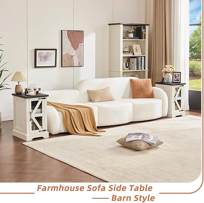 Farmhouse Coffee Table Sets 2 Pieces, Narrow Night Stand with Glass Barn Door Storage, Large Coffee Tables with Hidden Storage Organizer, Wood Furniture Sets for Living Room, Office, White