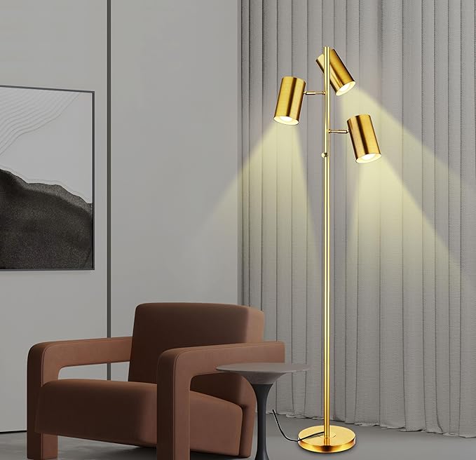 Tree Floor Lamp for Living Room,Stepless Dimmable Gold Standing Tall Pole Lamp with 3 Bulbs,Modern Reading Floor Lamp for Living Room Bedroom Office,9W E26 LED Bulbs Includeds (Gold-Dimmable)