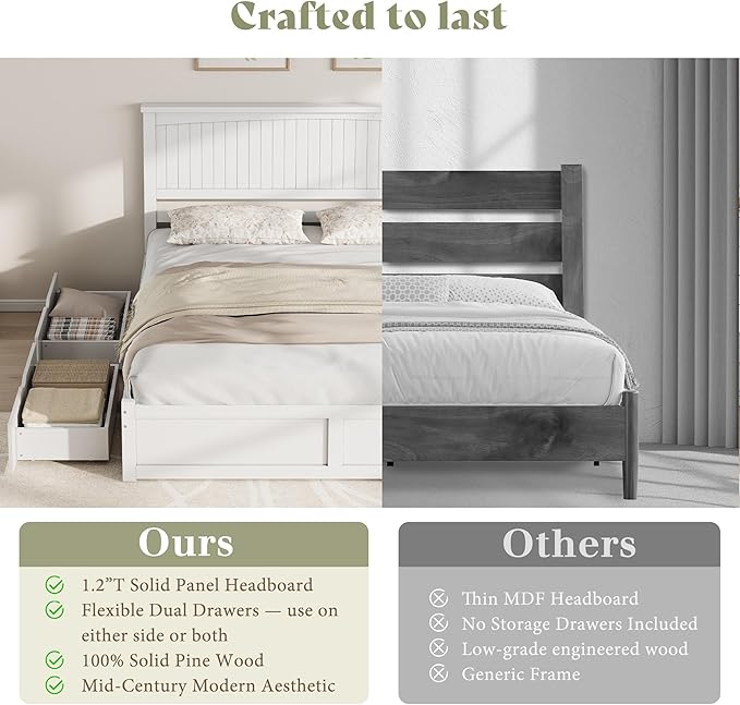 AMERLIFE King Size Solid Wood Bed Frame with 50" Tall Headboard, Mid-Century Modern Bed with Storage, Wooden Platform Bed with 2 Drawers, No Box Spring Needed, White