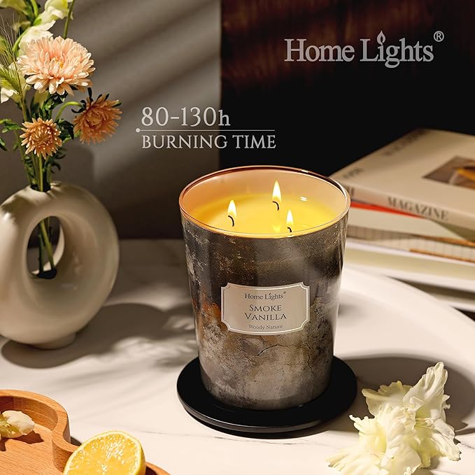 HomeLights Large jar Candle | 3-Wick Long-Lasting Scented Candles, 34oz Natural Soy Wax Candle for Home Scented, Industrial Chic Gifts for Women & Men, Smoke Vanilla