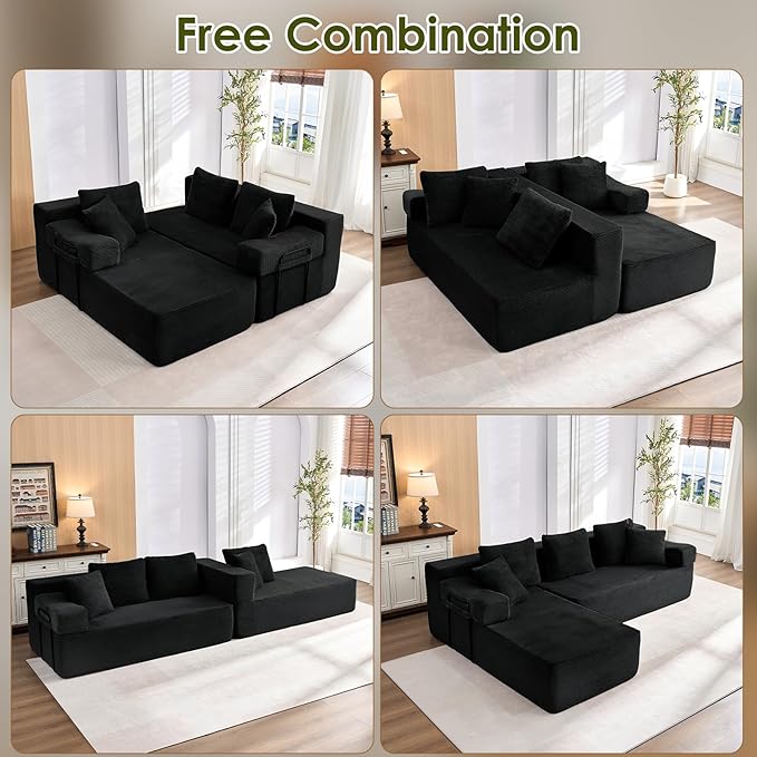 105" L-Shaped Modular Sectional Sofa with L-Shaped Boneless Couch, Cloud Couches for Living Room with Removable Arms, Convert Left/Right Facing, Plush Corduroy, No Assembly, Black
