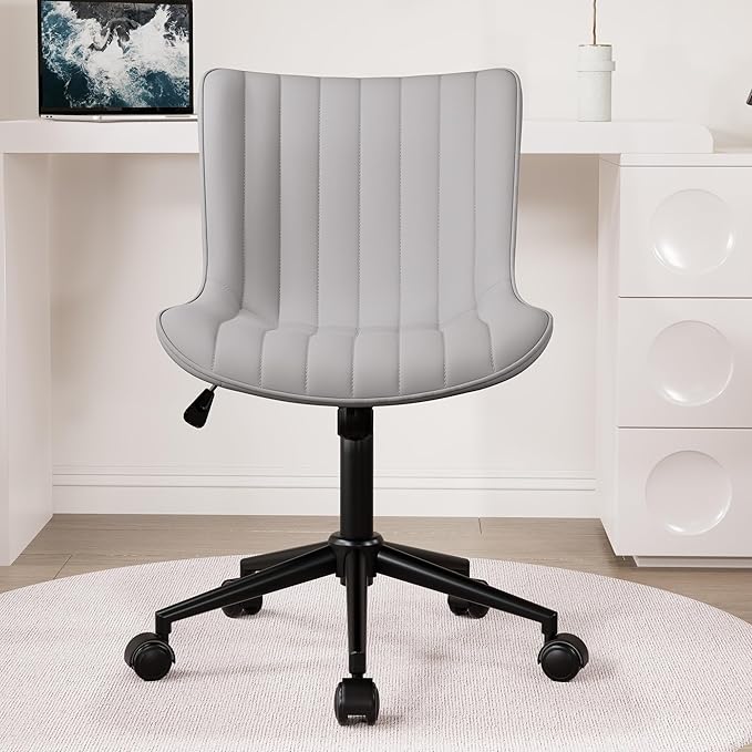Kidol & Shellder Grey Leather Home Office Desk Chair with Wheels Modern Cute Armless Executive Swivel Vanity Chair with Comfy Padded Back Ergonomic Rolling Adjustable Computer Task Chair Small