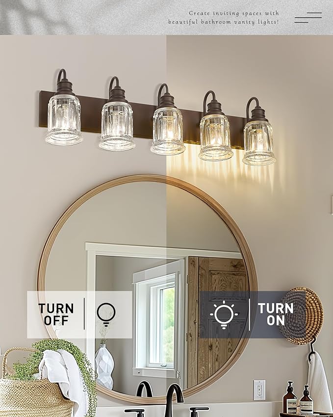 5 Light Bathroom Vanity Light - HWH Farmhouse Vanity Lights for Bathroom Wall Light Fixtures Over Mirror Oil-Rubbed Bronze, Bell-Shaped Fluted Clear Glass, 5HZG106B-5W ORB