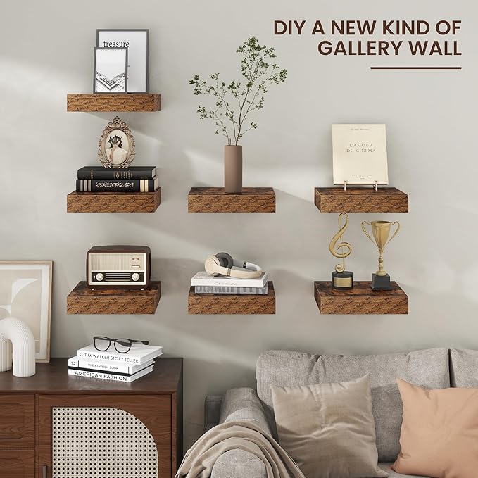 Square Floating Shelves for Wall, 12" W x 12" D x 2" H, 2 Pack of Small Wall Mounted Engineered Wood Shelves with Invisible Brackets for Living Room, Bedroom, Bathroom, Kitchen Decor, Brown