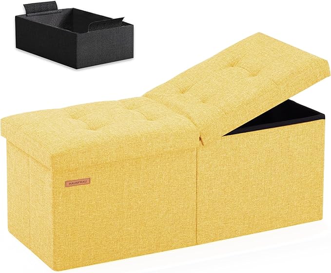 HAUSFRAU 31.5 Inches Ottoman with Storage Bench, Folding Ottoman Bench Small Foot Rest Stool, Bedroom Bench with Flipping Lid, Linen Yellow