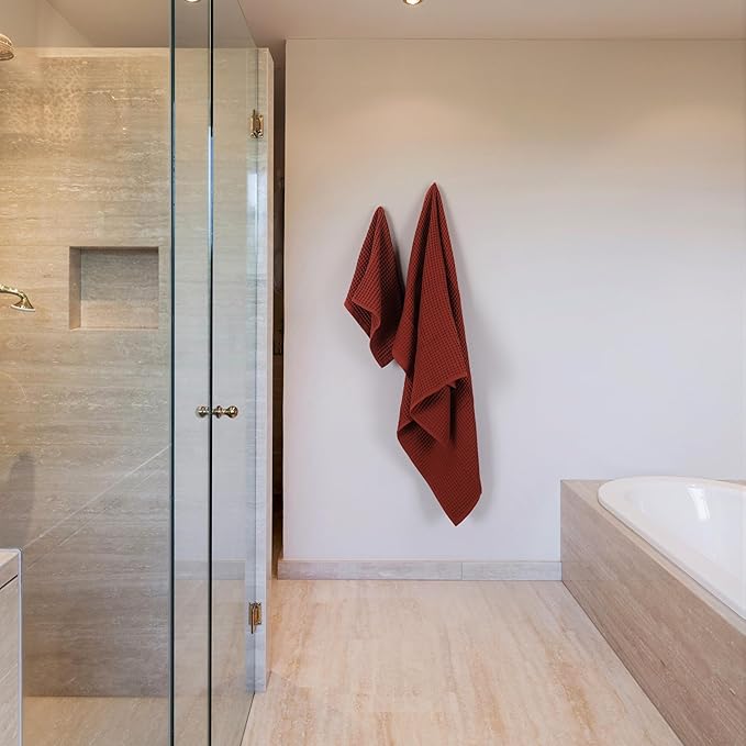 Püskül - Luxury Waffle Towel Set for Bathroom 4 Pieces Brick Red, Premium Quality Organic 100% Turkish Cotton 2 Hand and 2 Bath Towels Sets, Quick Dry Thin Waffle Towels, Made in Turkiye (Brick)