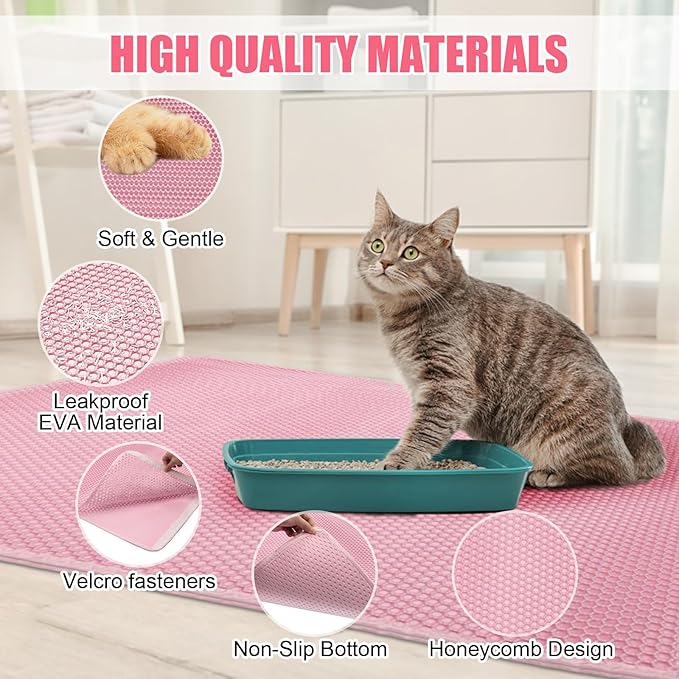Cat Litter Mat,45"x32" Extra Large Cat Litter Box Mat,Honeycomb Double Layer Kitty Litter Trapping Mat,Soft EVA Material,Urine & Waterproof,Scatter Control,Easy Clean,Washable(Pink）