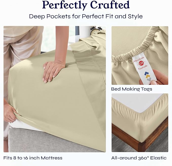 California Design Den Full Size Bed Sheets Set - Soft 400 Thread Count Sateen, Natural 100% Cotton Sheets Set with Deep Pockets, Breathable, Cooling and Durable Bedding - Beige (Golden Tone)