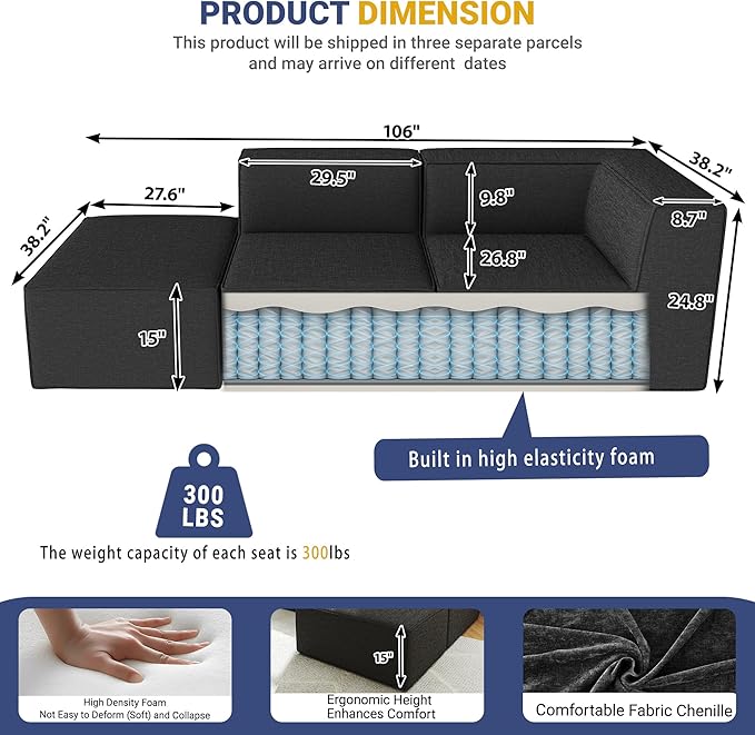 106" Sectional Compressed Sofa Modular Couches,High-Density Foam No Assembly Required,3-Piece(1xCorner 1xArmless 1xOttoman) for Living Room, Chenille Dark Gery